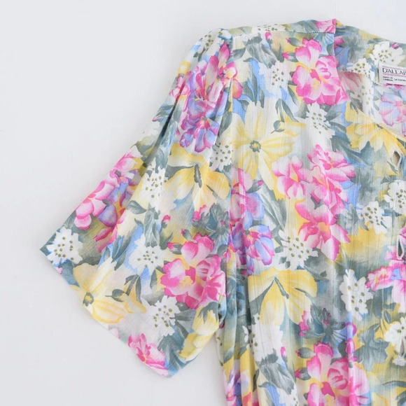 Vintage 90's D'allaird's Pink Green Yellow Floral Belted Midi Short Sleeve Dress - Picture 10 of 13